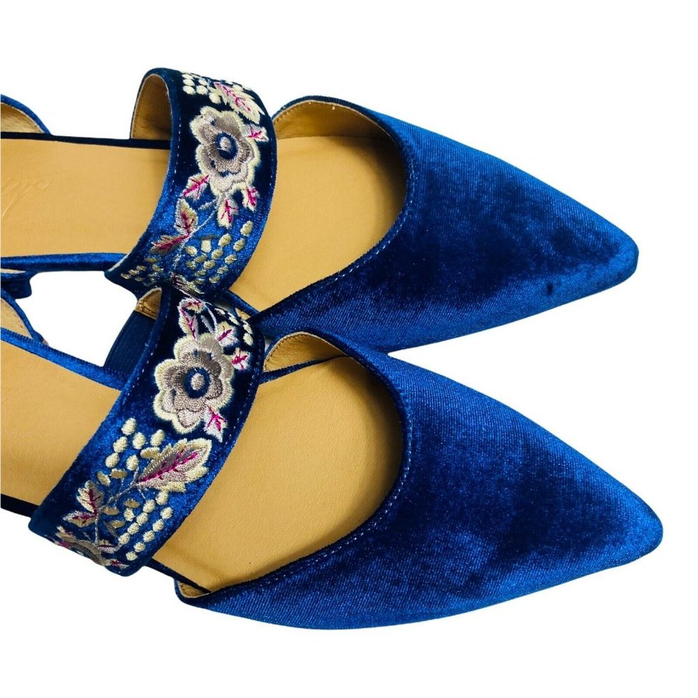 Anthropologie Bettye Muller 6.5 Blue Embroidered Floral Velvet Jamison Flats - Picture 4 of 7